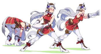 >_< 1girl absurdres animal_ears armband bag baseball_base bent_over blush boots bow bowtie breasts brown_headwear buttons clenched_teeth double-breasted gloves gold_ship_(red_strife)_(umamusume) gold_ship_(umamusume) grey_hair hat high_heel_boots high_heels highres horse_ears horse_girl horse_tail jacket long_hair medium_breasts motion_blur multiple_views nishiki_kazue pants red_bow red_bowtie red_jacket sequential sleeveless sleeveless_jacket tail teeth thigh_strap throwing umamusume white_background white_footwear white_gloves white_pants