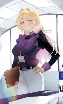 1girl absurdres belt black_belt black_shirt blonde_hair bottle bukiyou_na_senpai closed_mouth cowboy_shot desk folder hair_intakes hand_on_own_hip highres holding holding_folder id_card indoors kannawa_azusa knowname lanyard long_hair long_sleeves looking_at_viewer mixed-language_commentary office pants purple_eyes purple_vest shirt solo twitter_username vest water_bottle white_pants