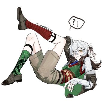 Rule 34 | !?, 1other, androgynous, asymmetrical legwear, blue necktie, brown footwear, brown hair, brown jacket, brown shorts, collared shirt, colored tips, crooked eyewear, glasses, green socks, green vest, hand up, jacket, leg up, legwear garter, looking over eyewear, lying, medicine pocket, medicine pocket (the cosmos photographer), medium hair, mismatched legwear, multicolored hair, necktie, official alternate costume, on back, plaid clothes, plaid socks, red socks, red vest, reverse:1999, shirt, shorts, socks, solo, speech bubble, spoken interrobang, sweater vest, two-tone vest, vest, whisperxu9290, white background, white hair, white shirt, yellow eyes