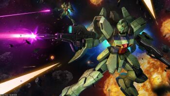 Rule 34 | absurdres, aiming, army, asteroid, beam rifle, blue eyes, company name, copyright notice, debris, dual wielding, earth federation, energy beam, energy gun, firing, fleet, glowing, glowing eyes, gun-ez, gun blastor, gundam, gundam battle operation 2, highres, holding, holding weapon, mecha, mecha focus, mobile suit, muzzle flash, nebula, no humans, official art, painting (medium), promotional art, realistic, robot, scan, science fiction, space, star (sky), sunrise (company), tenjin hidetaka, thrusters, traditional media, victory gundam, war, weapon, zero gravity