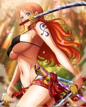 1girl artist_name bare_arms bare_shoulders bikini black_bikini blurry blurry_background breasts brown_eyes commentary cowboy_shot dual_wielding english_commentary falling_petals floral_print glint halterneck highleg highleg_bikini highres holding holding_sword holding_weapon katana large_breasts long_hair mouth_hold multiple_swords nami_(one_piece) navel official_alternate_costume one_piece orange_hair paid_reward_available petals pink_petals print_sarong rakara11_(rakkarts) red_sarong sarong shoulder_tattoo solo stomach string_bikini sweat swimsuit sword tattoo triple_wielding underwear wavy_hair weapon