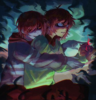 1girl 2others artist_name black_shirt brown_hair collared_shirt colored_skin commentary deltarune double_horizontal_stripe earrings english_commentary green_sweater grey_hoodie grey_skin hair_over_one_eye highres holding_hands hood hoodie jewelry kris_(deltarune) multiple_others nebbeli noelle_holiday shirt short_hair smile striped_clothes striped_hoodie sweat sweater utdr_(toby_fox) vessel_(deltarune) weird_route_(deltarune)