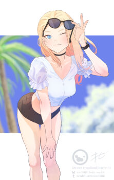1girl bare_legs bikini black_choker blonde_hair blue_eyes blue_sky blurry blurry_background choker clara_(girls_und_panzer) clip_studio_paint_(medium) closed_mouth cloud coconut_tree collarbone commentary crop_top eyewear_on_head girls_und_panzer highres light_smile long_hair navel one_eye_closed outdoors oze_(xyz_go_go11) palm_tree revision shirt sky solo sunglasses swimsuit thighs tree unworn_eyewear watch watermark white_shirt wristwatch