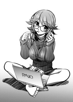 1girl absurdres barefoot blush breasts casual chaos;child computer crossed_legs eibon fingernails food food_in_mouth glasses greyscale hair_between_eyes head_tilt headphones headphones_around_neck highres kazuki_hana laptop large_breasts monochrome pocky pocky_in_mouth ribbed_sweater science_adventure shiny_eyes short_hair sitting smile solo sweater toenails toes turtleneck turtleneck_sweater