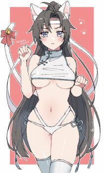 1girl :&lt; ahoge alternate_costume animal_ears bare_arms bare_shoulders bell bikini black_hair blush border borrowed_clothes bow breasts cat_ears cat_girl cat_tail chinese_clothes chinese_knot closed_mouth cowboy_shot crop_top frown genderswap genderswap_(mtf) hands_up headband high_ponytail highleg highres jingle_bell kemonomimi_mode large_breasts long_hair looking_at_viewer modao_zushi navel outside_border panties paw_pose paw_print ponytail purple_eyes red_bow revealing_clothes ribbon shirt side-tie_panties signature simple_background sleeveless sleeveless_shirt solo standing stomach sweatdrop swimsuit tail tail_bell tail_bow tail_ornament tears thighhighs thighs twitter_username underboob underwear v-shaped_eyebrows very_long_hair wei_wuxian white_bikini white_border white_headband white_panties white_shirt white_thighhighs yaichi00