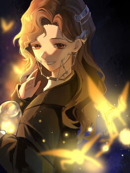 Rule 34 | 1girl, absurdres, black background, braces, brown coat, brown eyes, brown hair, coat, fairy, from side, grin, hand up, highres, holding, holding jar, jar, long hair, looking at viewer, ranla, reverse:1999, sidelighting, smile, solo, tooth fairy (reverse:1999), turning head, upper body