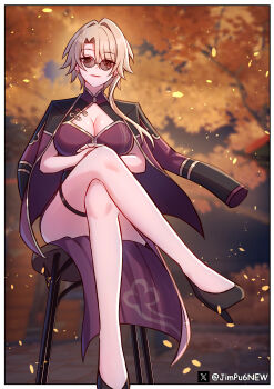 1girl absurdres autumn_leaves black_shoes blonde_hair blurry blurry_background breasts chair china_dress chinese_clothes cleavage cleavage_cutout closed_mouth clothing_cutout commentary crossed_legs dress earrings english_commentary falling_leaves foot_out_of_frame full_body genderswap genderswap_(mtf) high_heels highres honkai:_star_rail honkai_(series) jacket jacket_on_shoulders jewelry jimpu6 large_breasts leaf light_smile lipstick looking_at_viewer makeup on_chair outdoors own_hands_together pumps red_dress red_jacket red_lips shoes short_hair_with_long_locks sitting skott_(honkai:_star_rail) solo sunglasses tree twitter_username