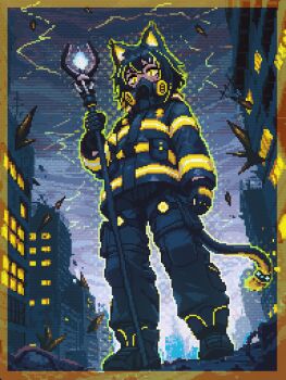 1girl animal_ears border building caffichai commentary commission english_commentary full_body gloves highres holding holding_staff jacket long_sleeves mask original outdoors outline pixel_art respirator shoes sky solo staff standing tail yellow_border yellow_eyes yellow_outline
