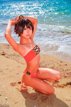 1girl 2025 absurdres ahoge armpits arms_up ass bikini black_hair blue_sky blurry breasts closed_mouth collarbone commentary cosplay cosplay_photo dark-skinned_female dark_skin depth_of_field dutch_angle feet female_focus food-themed_hair_ornament full_body groin hair_between_eyes hair_ornament highres japanese_(nationality) kneeling looking_at_viewer make_heroine_ga_oo_sugiru! medium_breasts mountainous_horizon navel negoto_hitsuji ocean orange_bikini outdoors photo_(medium) purple_eyes real_life red_lips round_teeth sand sandals shadow shore short_hair sky smile solo squatting strapless strapless_bikini swimsuit tan tanline teeth thigh_gap thighs toes upper_teeth_only waves yakishio_lemon yakishio_lemon_(cosplay)