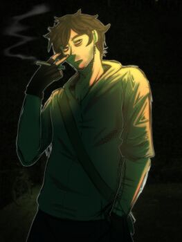 1boy bag black_gloves black_hair cigarette commentary cry_of_fear fingerless_gloves gloves grey_hoodie halftone hand_in_pocket hand_up highres holding holding_cigarette hood hood_down hoodie just_karmx looking_at_viewer male_focus self-harm short_hair shoulder_bag sidelighting simon_henriksson sleeves_rolled_up solo symbol-only_commentary v wrist_cutting