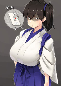 1girl angry blue_ribbon breasts brown_hair commentary_request eyes_visible_through_hair female_focus glaring gradient_background hair_ribbon hakama hakama_short_skirt hakama_skirt huge_breasts japanese_clothes kaga_(kancolle) kantai_collection konoshige_(ryuun) looking_at_viewer ribbon shaded_face short_hair side_ponytail skirt solo switch tasuki translation_request