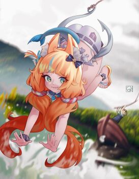 2girls animal_ears blue_eyes blue_hair blue_nails boat cat_ears dooby dress evanleaves fins fish_girl fish_tail fishing fishing_rod highres holding holding_fishing_rod indie_virtual_youtuber long_hair looking_at_viewer multiple_girls nail_polish sameko_saba sandals shorts sleeveless sleeveless_dress tail toenail_polish toenails very_long_hair virtual_youtuber watercraft white_dress white_shorts