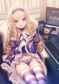 1girl :d blonde_hair blunt_bangs borrowed_character bow bow_panties can chair clothes_lift collarbone commentary_request computer computer_keyboard computer_tower disgust dress dress_lift drill_hair energy_drink fang frilled_dress frilled_hairband frilled_sleeves frills gaming_chair hairband horizontal-striped_thighhighs indoors iya_na_kao_sare_nagara_opantsu_misete_moraitai juliet_sleeves katase_bono lifting_own_clothes long_hair long_sleeves looking_at_viewer mole mole_under_eye monitor nintendo_switch open_mouth original panties pointy_ears puffy_sleeves purple_dress purple_panties purple_thighhighs red_eyes second-party_source sitting smile solo swivel_chair thighhighs underwear wide_sleeves wireless_earphones