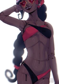 1girl :d absurdres black_hair black_lips blackberreh-art braid breasts commentary cowboy_shot dress earrings english_commentary fangs hazbin_hotel heart heart-shaped_eyewear hellaverse highres jewelry long_hair medium_breasts navel open_mouth red_hair shiny_skin simple_background smile solo sunglasses teeth velvette_(hazbin_hotel) white_background