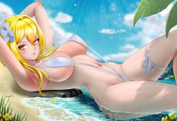1girl alternate_breast_size_(larger) alternate_costume armpits arms_behind_head beach blonde_hair blue_sky blush breasts cleavage cloud commentary covered_erect_nipples day flower from_side genshin_impact hair_between_eyes highres large_breasts looking_at_viewer lumine_(genshin_impact) lying navel on_back outdoors parted_lips partially_submerged satellux short_hair_with_long_locks sky slingshot_swimsuit solo stomach sunlight swimsuit thigh_strap water white_slingshot_swimsuit yellow_eyes yellow_flower
