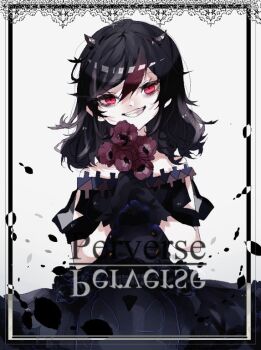 1girl black_dress black_gloves black_hair commentary_request cowboy_shot dress flower gloves grey_horns grin holding holding_flower horns kijin_seija looking_at_viewer medium_hair off-shoulder_dress off_shoulder one-hour_drawing_challenge red_eyes red_flower shinjitsu_no_kuchi simple_background small_horns smile solo touhou white_background