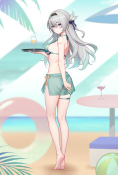 1girl absurdres alternate_costume aqua_bikini aqua_sarong ass barefoot beach bikini blush breasts card chinese_commentary closed_mouth commentary_request cup drinking_glass feet firefly_(honkai:_star_rail) frills full_body grey_hair hair_ornament highres holding holding_card holding_tray honkai:_star_rail honkai_(series) kneepits large_variant_set long_hair looking_at_viewer medium_breasts paid_reward_available purple_eyes sarong see-through_clothes see-through_sarong soles solo standing swimsuit thigh_strap thighs tray variant_set yunkaiming