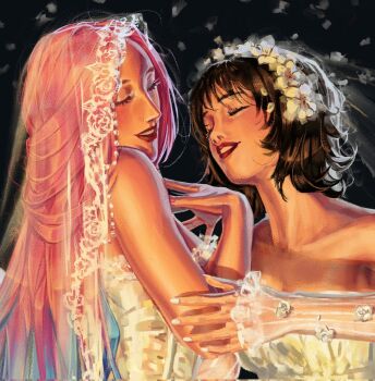 2girls alien_stage black_hair closed_eyes commentary dress flower hair_flower hair_ornament hashtag-only_commentary highres kukuyban lace-trimmed_veil lace_trim long_hair mizi_(alien_stage) multiple_girls pink_hair red_lips see-through_clothes see-through_veil short_hair smile sua_(alien_stage) veil white_dress white_flower white_nails