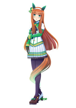 Rule 34 | 1girl, absurdres, animal ears, asymmetrical footwear, black bow, black gloves, black pantyhose, blunt bangs, blush, bow, ear covers, full body, gloves, green eyes, green sailor collar, green sleeves, hairband, highres, hime cut, horse ears, horse girl, horse tail, konsu (konsu1182da), long hair, long sleeves, looking at viewer, mismatched footwear, orange hair, orange tail, pantyhose, parted lips, pleated skirt, sailor collar, shirt, silence suzuka (innocent silence) (umamusume), silence suzuka (umamusume), simple background, skirt, solo, tail, umamusume, white background, white hairband, white shirt, white skirt