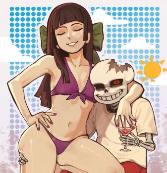1boy 1girl aged_up aliza_(horrortale) bikini bow breasts brown_hair cleavage closed_eyes cloud cocktail_glass commentary cracked_skull cup drinking_glass english_commentary food fruit grabbing_another&#039;s_ass green_bow groping highres holding holding_cup horrortale lips long_hair looking_at_viewer minominoks navel pants purple_bikini purple_nails red_eyes red_pants sans_(horrortale) sans_(undertale) shirt skeleton smile sun swimsuit teeth undertale utdr_(toby_fox) watermelon watermelon_slice white_shirt