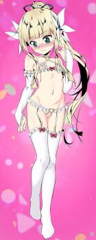 1girl artist_request blonde_hair blunt_bangs blush bow bra bridal_gauntlets crotchless crotchless_panties cupless_bra elfina_(tsurupeta_shugo_kishi_elfina_ochiru) flat_chest frills full_body garter_belt green_eyes highres loli long_hair nipples non-web_source original panties ponytail pussy queen_bee_(animation_studio) red_bow solo source_request tanabe_kyou thighhighs tsurupeta_shugo_kishi_elfina_ochiru underwear white_thighhighs