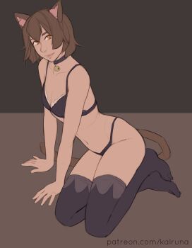 Rule 34 | 1boy, animal ears, black bra, black panties, black thighhighs, bra, brown hair, cat boy, cat ears, cat tail, crossdressing, felix argyle, kalruna, panties, re:zero kara hajimeru isekai seikatsu, tail, thighhighs, trap, underwear