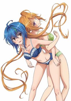 2girls ahoge ass-to-ass back-to-back blue_bra blue_hair blue_panties blush bra breasts brown_eyes cleavage exercising female_focus frilled_bra frilled_panties frills green_bra green_hair green_panties high_school_dxd leaning_forward locked_arms long_hair looking_at_viewer looking_back medium_breasts multicolored_hair multiple_girls navel nipples open_mouth orange_hair panties purple_eyes shidou_irina short_hair simple_background smile standing streaked_hair stretching twintails two-tone_hair underwear underwear_only white_background xenovia_quarta yuri