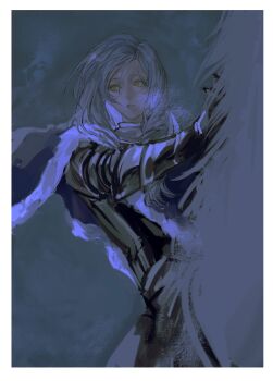 1girl absurdres alternate_costume armor blue_cape cape dlanor_a._knox fur-trimmed_cape fur_trim highres horseback_riding knight looking_to_the_side nnightcruising parted_lips riding solo umineko_no_naku_koro_ni upper_body wavy_hair white_hair yellow_eyes