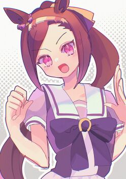 1girl animal_ears blush bow bowtie breasts brown_hair flower_in_eye gold_hairband hairband highres horse_ears horse_girl long_hair looking_at_viewer nbnbpuppy open_mouth ponytail puffy_short_sleeves puffy_sleeves purple_bow purple_bowtie purple_eyes purple_shirt sailor_collar sailor_shirt sakura_bakushin_o_(umamusume) school_uniform shirt short_sleeves smile solo symbol_in_eye tracen_school_uniform umamusume upper_body white_sailor_collar