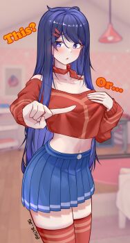 1girl absurdres blue_eyes blue_hair blue_skirt blush bow bow_choker breasts choker covering_breasts covering_privates crop_top crop_top_overhang cropped_shirt diguo_keran_wu english_text feet_out_of_frame fingernails hair_ornament hairclip highres kind_mita_(miside) long_hair long_sleeves looking_at_viewer medium_breasts meme midriff miniskirt miside mita_(miside) mixed-language_commentary navel one_finger_selfie_challenge_(meme) open_mouth pleated_skirt red_bow red_choker red_shirt red_thighhighs shirt skirt solo standing thighhighs thighs