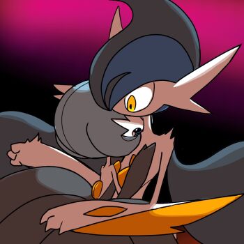 1boy 1girl alternate_color arm_blade back backless_dress backless_outfit backlighting bare_shoulders black_dress black_hair blue_hair bob_cut colored_skin dark dress fang gallade gardevoir gen_3_pokemon gen_4_pokemon gradient_background hair_over_one_eye hand_on_another&#039;s_chest long_dress looking_at_another mega_gallade mega_gardevoir mega_pokemon mohawk monya multicolored_hair nintendo one_eye_covered open_mouth orange_eyes pokemon pokemon_(creature) purple_background scared shiny_pokemon short_hair simple_background strapless strapless_dress surprised two-tone_hair weapon white_skin wide-eyed