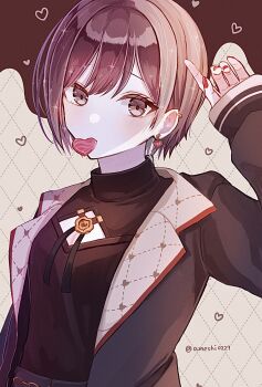 Rule 34 | 1girl, ameshi0227, arm at side, arm up, backlighting, black jacket, black shirt, brown background, brown eyes, brown hair, cleavage cutout, clothing cutout, commentary request, ear piercing, earrings, from side, heart, heart earrings, highres, jacket, jewelry, lapels, long sleeves, looking at viewer, mouth hold, nail polish, open clothes, open jacket, piercing, project sekai, red nails, shinonome ena, shirt, short hair, simple background, sleeves past wrists, solo, turtleneck, turtleneck shirt, twitter username, upper body