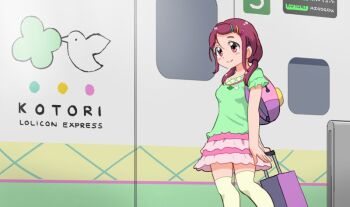 arm_at_side backpack bad_id bag blush breasts character_name child commentary dot_nose frilled_skirt frills green_shirt hair_ornament hairpin hugtto!_precure legs_apart looking_ahead low_twintails medium_hair nono_kotori outdoors pink_bag pink_skirt precure red_hair shirt short_sleeves short_twintails skirt small_breasts smile standing suitcase thighhighs train twintails walking white_thighhighs yakizakana_(yakizakana10967) zettai_ryouiki