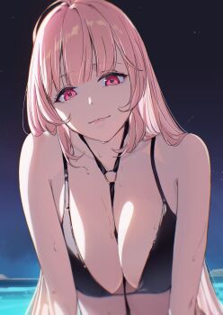 1girl absurdres azur_lane bare_shoulders between_breasts bikini black_bikini breasts brown_hair cleavage clemenceau_(azur_lane) closed_mouth collarbone commentary_request harness hatski.sin highres large_breasts leaning_forward long_hair looking_at_viewer night o-ring ocean outdoors red_eyes sidelocks smile solo standing stomach strap_between_breasts swimsuit upper_body wet