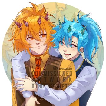 Rule 34 | 2boys, blue eyes, blue hair, blue vest, brown vest, closed mouth, commentary, commission, english commentary, hair between eyes, highres, horns, hug, hug from behind, kuraedo, looking at another, male focus, multiple boys, necktie, nose, open mouth, orange eyes, orange hair, orange necktie, original, shirt, short hair, smile, vest, vgen commission, watermark, white shirt, yaoi, yellow shirt