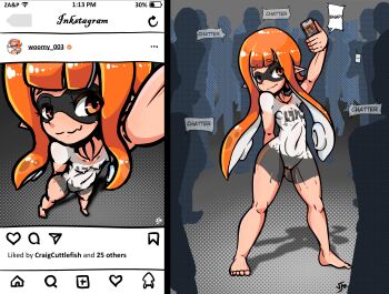 1girl arm_behind_head battery_indicator blunt_bangs bodypaint breasts cellphone cleft_of_venus closed_mouth collarbone completely_nude fake_screenshot false_clothes from_above full_body gluteal_fold half-closed_eyes heart highres holding holding_phone inkling inkling_girl inkling_player_character instagram instagram_username legs_apart loli long_hair magnifying_glass naked_paint navel nintendo nipples nude orange_eyes orange_hair painted_clothes people phone plus pointy_ears polka_dot pussy selfie small_breasts smartphone smile speech_bubble splatoon_(series) splatoon_1 squid standing tentacle_hair verymediocre wavy_mouth wi-fi_symbol