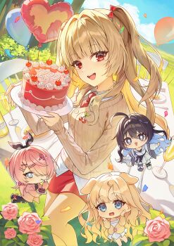 4girls ahoge animal_ears balloon black_hair blonde_hair blue_eyes blue_sky brown_cardigan cake cardigan character_request chibi closed_mouth collared_shirt commission cup dog_ears drinking_glass eating flower food food-themed_hair_ornament hair_intakes hair_ornament hair_over_one_eye heart_balloon highres holding holding_plate looking_at_viewer miniskirt multiple_girls necktie open_mouth outdoors pine_(angel4195202) pink_flower pink_hair plate red_eyes red_necktie red_skirt shirt skirt sky smile solo_focus strawberry_hair_ornament table teeth two_side_up upper_teeth_only white_shirt x_hair_ornament