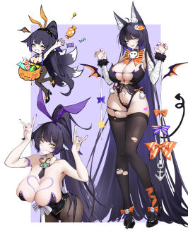 1girl :d \m/ absurdres alternate_costume animal_ears azur_lane bandaged_arm bandages bare_shoulders black_leotard black_necktie blush breasts chibi claw_pose cleavage clothing_cutout commentary_request demon_girl demon_tail demon_wings detached_collar fishnet_pantyhose fishnets food fox_ears fox_girl fox_tail full_body ghost_hair_ornament grin groin half-closed_eyes halloween_bucket halloween_costume hands_up heart_on_chest high_heels highres hip_focus kitsune large_breasts leaning_forward leotard long_hair multicolored_nails multiple_tails multiple_views musashi_(azur_lane) musashi_(the_purple_rabbit&#039;s_marksmanship)_(azur_lane) navel navel_cutout navel_piercing necktie open_mouth orange_nails pantyhose piercing ponytail pumpkin purple_hair purple_nails red_plate_(kyuu45) revealing_clothes short_necktie sleeveless smile strapless strapless_leotard sweets tail thighhighs thighs torn_clothes torn_thighhighs two-tone_nails very_long_hair wings yellow_eyes