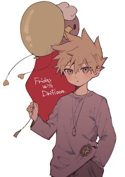 1boy absurdres balloon blue_oak brown_eyes brown_hair closed_mouth cowboy_shot crew_neck double-parted_bangs drifloon english_text gen_4_pokemon grey_pants hair_between_eyes hand_in_pocket highres holding holding_balloon jewelry long_sleeves looking_at_viewer male_focus necklace nintendo pants pendant pk_rgr96 pokemon pokemon_(creature) purple_shirt shirt solo spiked_hair white_background