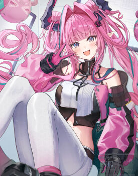 1girl arknights arknights:_endfield black_gloves blue_eyes blush breasts commentary crop_top detached_sleeves fang gloves hair_intakes hair_on_horn highres horns long_hair long_sleeves looking_at_viewer miyanami_3 multicolored_hair open_mouth pants pink_hair pointy_ears skin_fang smile solo streaked_hair white_pants yvonne_(arknights)