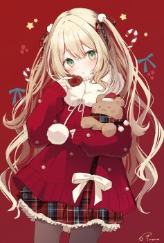 1girl :o blonde_hair blush bow candy candy_cane coat commentary cookie drawstring food fur-trimmed_coat fur_trim green_eyes grey_pantyhose hair_ornament hair_ribbon highres holding holding_food holding_stuffed_toy irono1910 long_hair long_sleeves looking_at_viewer original pantyhose parted_lips plaid_clothes plaid_ribbon plaid_skirt pom_pom_(clothes) pom_pom_hair_ornament red_background red_coat red_ribbon red_skirt ribbon skirt sleeves_past_wrists solo star_(symbol) stuffed_animal stuffed_toy teddy_bear thumbprint_cookie very_long_hair wavy_hair white_bow