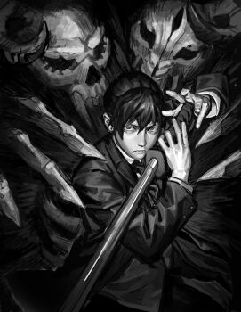 1boy absurdres chainsaw_man commentary_request earrings formal_clothes greyscale hayakawa_aki highres holding holding_sword holding_weapon jacket jewelry katana looking_at_viewer male_focus monochrome necktie parted_lips short_hair solipsist solo suit suit_jacket sword teeth topknot two-handed upper_body weapon