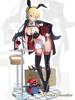 1girl animal_ear_hairband animal_ears apron bangboo_(zenless_zone_zero) between_breasts bikini black_bikini black_thighhighs blonde_hair bottle breasts character_name closed_mouth commentary cup detached_sleeves drinking_glass english_commentary evelyn_chevalier fake_animal_ears full_body hairband hand_on_own_hip highres jacket jacket_on_shoulders large_breasts looking_at_viewer maid maid_apron maid_bikini navel necktie necktie_between_breasts purple_eyes rabbit_ears red_garter_straps round_table single_detached_sleeve smile solo swimsuit table thighhighs torjun_111 unconventional_maid white_wrist_cuffs wine_bottle wine_glass wrist_cuffs yellow_necktie zenless_zone_zero