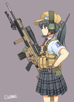 1girl baseball_cap bipod black_hair bullet collared_shirt from_side gloves green_gloves grey_background gun hand_on_own_hip hat headset highres looking_to_the_side magazine_(weapon) military necktie original plaid_clothes plaid_skirt pleated_skirt ponytail red_eyes red_necktie rifle scope shirt short_sleeves skirt smile sniper sniper_rifle solo stolas_(lemegeton) weapon white_shirt yellow_hat