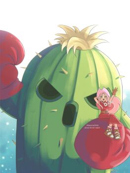Rule 34 | 1girl, boxing gloves, brown gloves, cactus, cosplay, digimon, digimon (creature), dress, gloves, green eyes, hanarte, haruno sakura, highres, long dress, long hair, looking at viewer, naruto (series), pink hair, plant, plant monster, red dress, red gloves, short sleeves, sitting, spines, tachikawa mimi, tachikawa mimi (cosplay), togemon