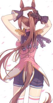 1girl animal_ears ass asymmetrical_gloves black_gloves breasts brown_hair commentary_request epaulettes from_behind gloves hair_tie highres holding holding_hair_tie horse_ears horse_girl horse_tail long_hair medium_breasts petals ponytail profnote sakura_bakushin_o_(blossom_in_learning)_(umamusume) sakura_bakushin_o_(umamusume) shorts sleeveless sleeveless_jacket solo tail thighhighs tying_hair umamusume white_gloves white_thighhighs