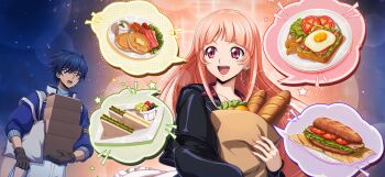 1boy 1girl black_jacket blue_eyes blue_jacket blue_shirt brown_eyes brown_gloves code_geass code_geass:_lost_stories coral_hair_ornament earrings f4samurai fine_k_darlton gloves hair_ornament highres jacket jewelry kushinada_souma long_hair official_art open_clothes open_jacket pink_hair red_eyes sandwiched shirt short_hair