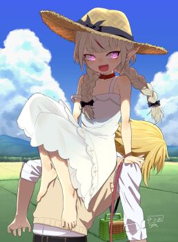 1boy 1girl :d bad_id bad_twitter_id barefoot black_bow blonde_hair blouse bow bracelet braid cloud collared_shirt day dress fangs feet hair_bow hat highres jewelry leaning_forward looking_at_viewer makaino_ririmu makaino_ririmu_(3rd_costume) mountainous_horizon multicolored_hair nijisanji open_mouth outdoors pink_eyes pointy_ears satsuyo shirt sitting sitting_on_person sleeves_rolled_up smile strap_slip straw_hat sweater_vest toes twin_braids uzuki_kou uzuki_kou_(3rd_costume) virtual_youtuber white_dress white_shirt