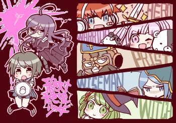 3boys 4girls ;d ahoge amato_nagi bandaid bandaid_on_cheek bandaid_on_face blue_eyes blue_hair blue_hat blue_sailor_collar blue_skirt blush book brown_mask chibi chibi_only collared_shirt commentary_request daimon_masaru_(danganronpa) danganronpa_(series) danganronpa_another_episode:_ultra_despair_girls english_text engrish_text fukawa_toko glasses green_eyes green_hair hair_ribbon hat headphones holding holding_megaphone holding_sword holding_weapon kemuri_jataro long_hair looking_back mask megaphone monokuma multiple_boys multiple_girls naegi_komaru one_eye_closed open_book open_mouth outline patchwork_clothes pink_eyes pink_hair purple_eyes purple_hair purple_hat purple_serafuku purple_skirt ranguage red_hair red_ribbon ribbon sailor_collar school_uniform scissors serafuku shingetsu_nagisa shirt shoes short_hair skirt skirt_set smile sparkle sword towa_monaca utsugi_kotoko weapon white_sailor_collar white_shirt witch_hat