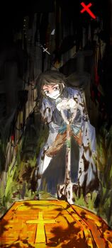 Rule 34 | 2boys, abaddon (haunted hotel), black hair, blue coat, coat, coffin, commentary request, dirty, dirty clothes, grey eyes, haunted hotel, highres, holding, holding shovel, kdowo31785, long hair, looking at viewer, male focus, multiple boys, night, open clothes, open coat, outdoors, priest (haunted hotel), shovel, standing